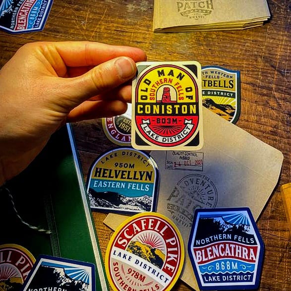 Lake District vinyl stickers including Old Man of Coniston on a water bottle – outdoor sticker collection