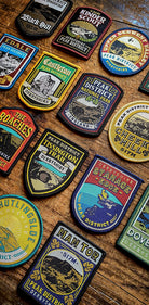 Peak District patches display including Cheeks Hill – pub sign retro woven patch collection