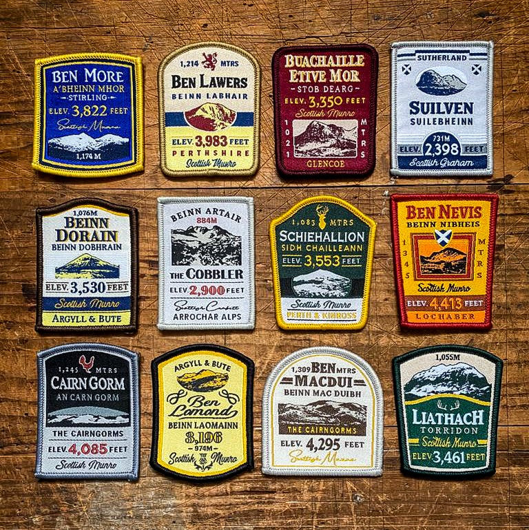 Full set of 12 Scottish Mountain patches bundle shot – retro woven patch collection, £15 saving