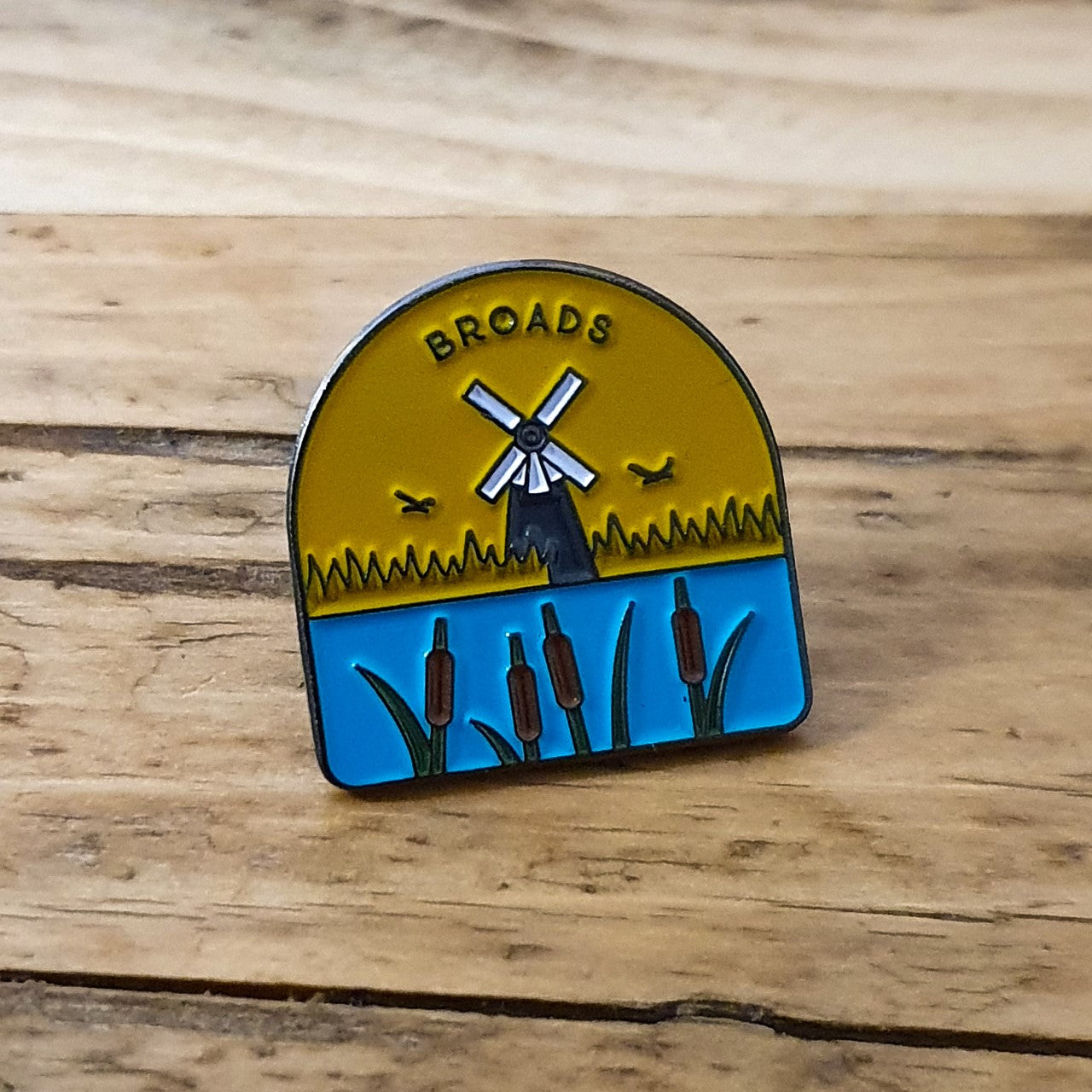 Broads National Park enamel pin – fens, reeds, waterways and windmills design, 23mm x 23mm
