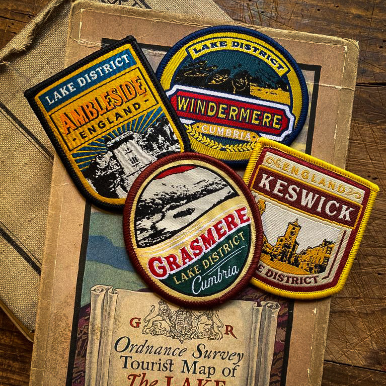 Lake District lakes and towns patches including Windermere – retro woven patch collection