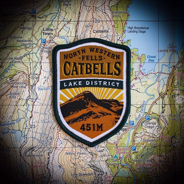 Catbells woven patch close-up product shot – retro Lake District hiking patch