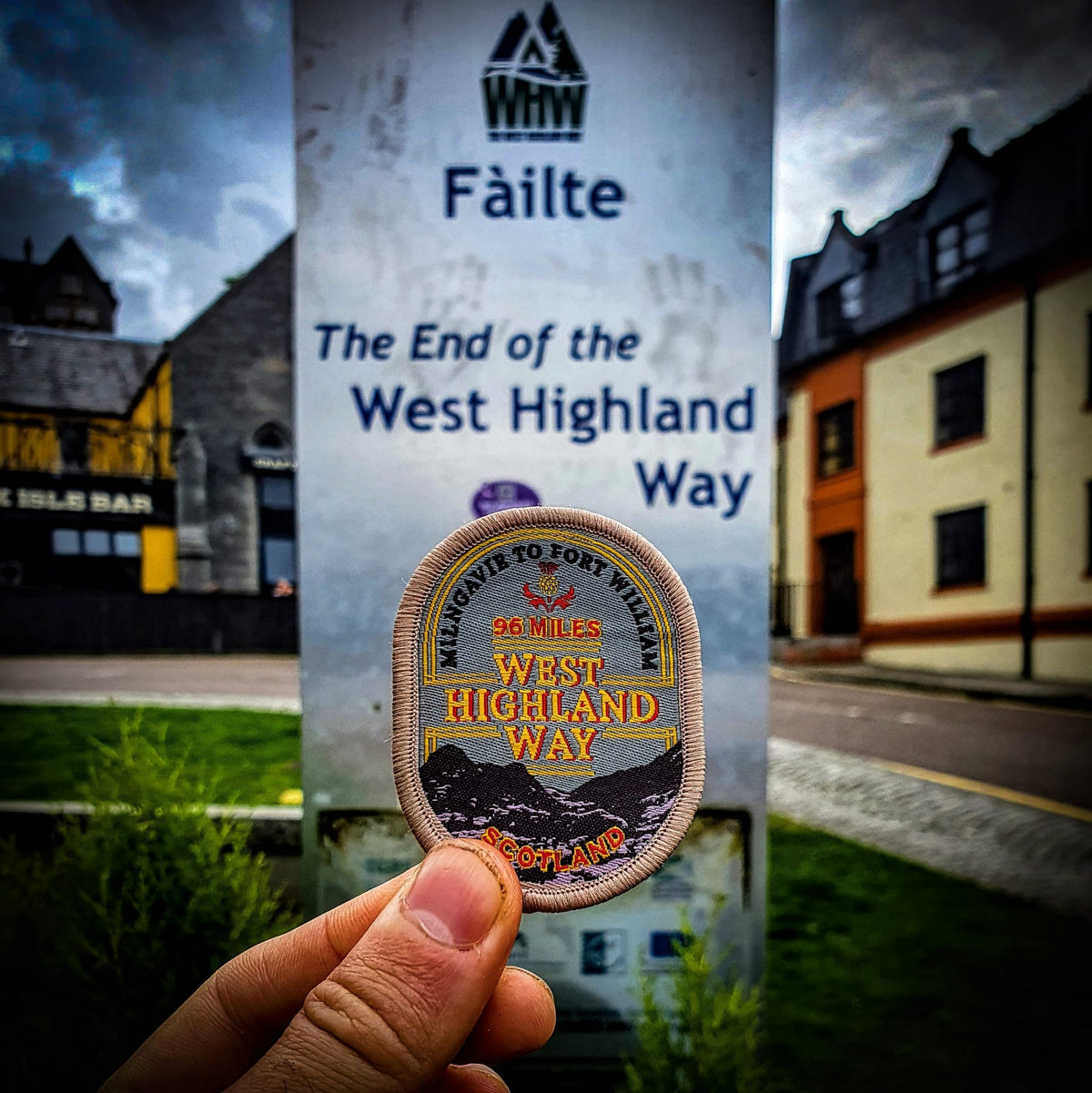 West Highland Way patch styled on outdoor gear in Scottish Highlands – retro woven trail patch