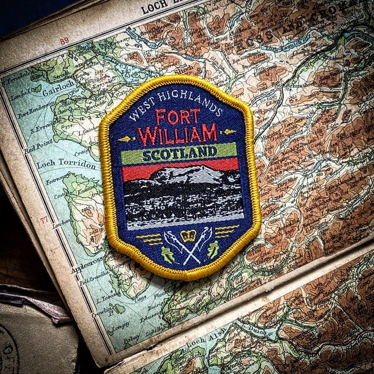 Fort William patch styled on outdoor gear – retro woven Scottish hiking patch