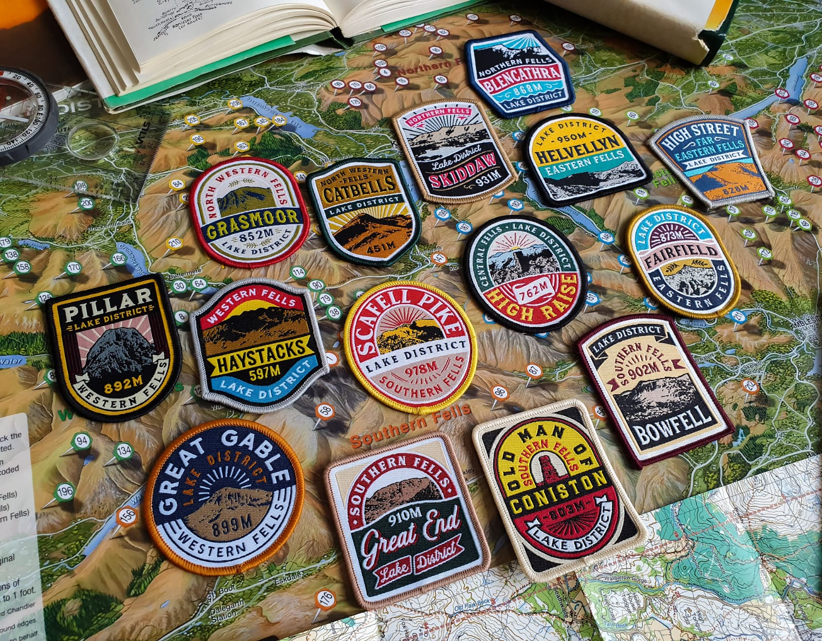 Full set of 15 Lake District Fells patches – Pillar patch included, retro woven collection
